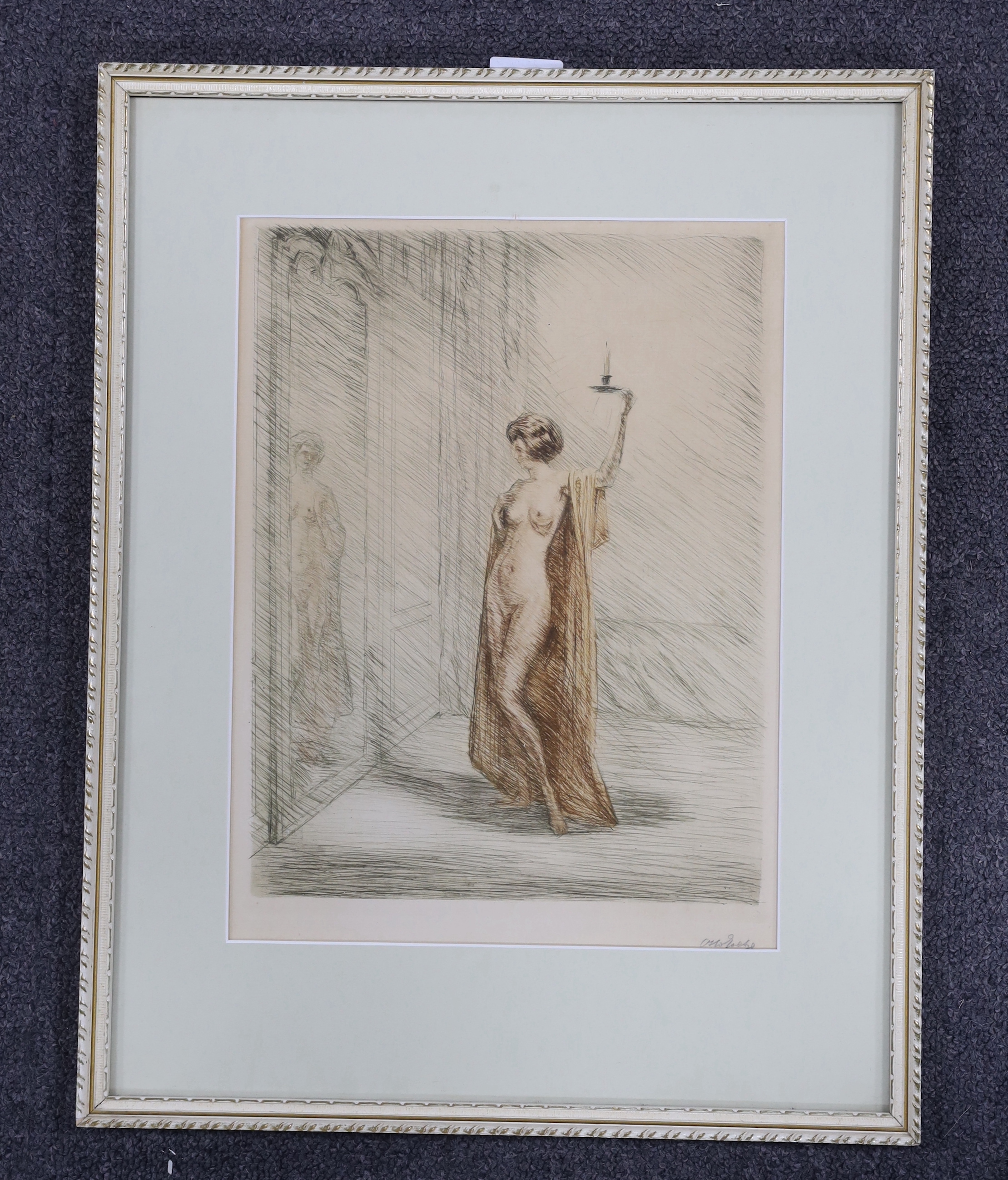 Otto Goetze (1868-1931), colour etching, Nude admiring herself by candle light, signed in pencil, 28 x 22cm